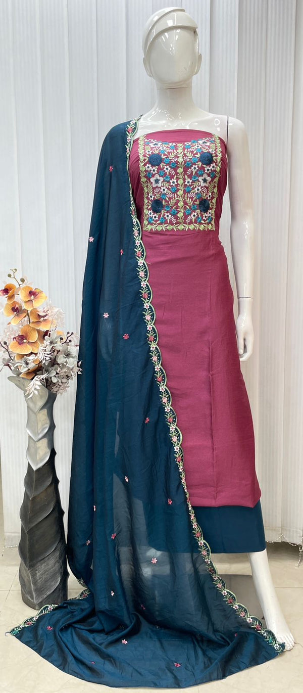 Vichithra Silk Neck Multiple Floral Kashmiri Work Salwar Material