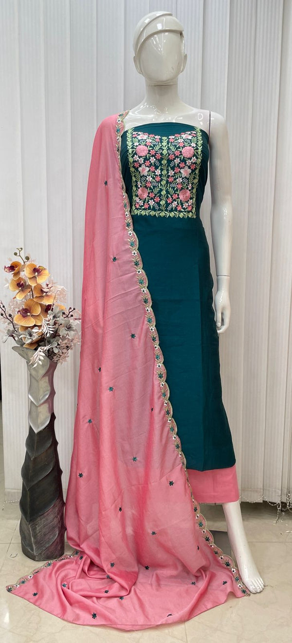 Vichithra Silk Neck Multiple Floral Kashmiri Work Salwar Material