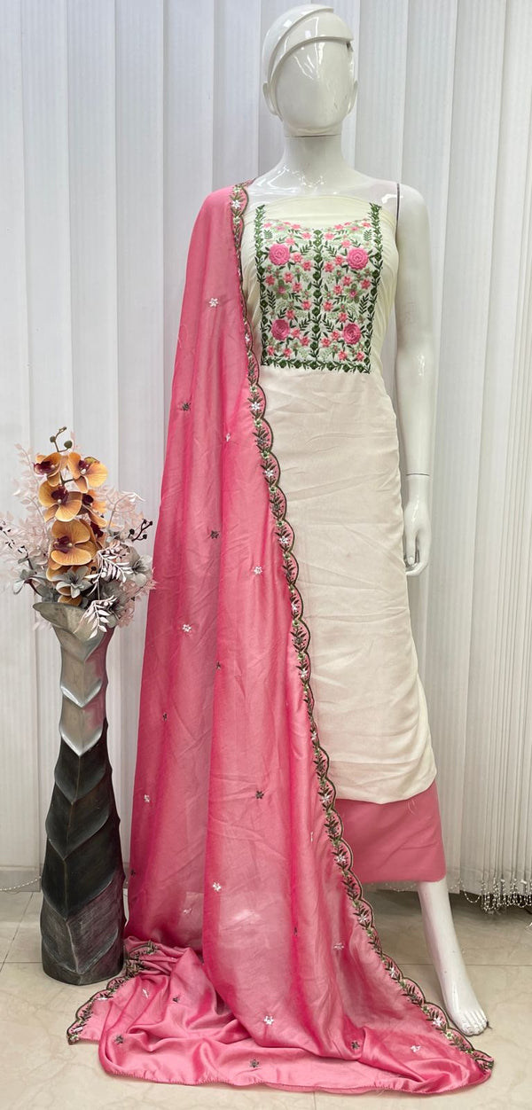 Vichithra Silk Neck Multiple Floral Kashmiri Work Salwar Material